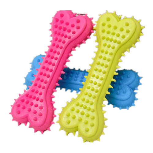 Colorful dog toys shaped like bones on a white background